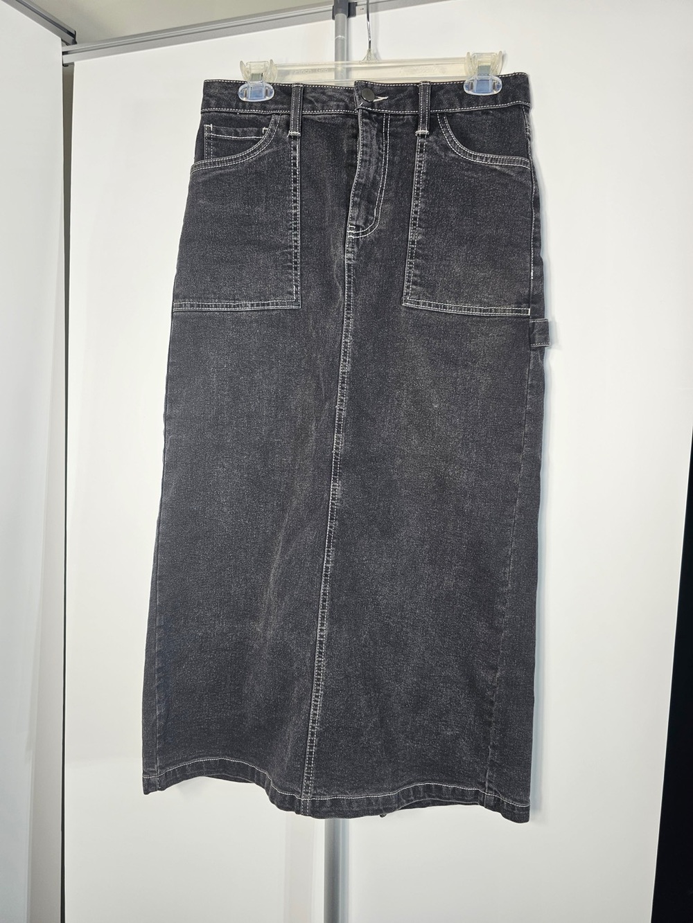 #279 Love, Fire Black Washed Denim Maxi Skirt Size 7 – Y2K Utility Carpenter
